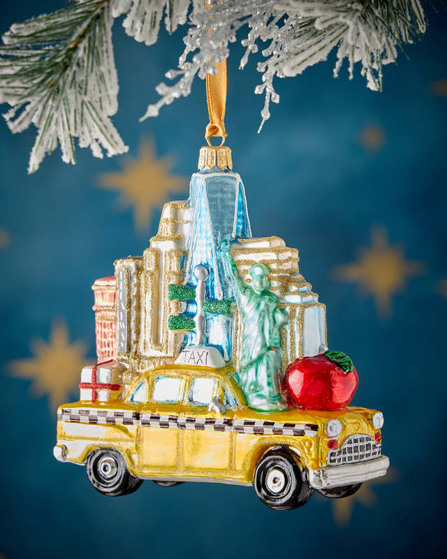 Taxi with NYC Buildings Christmas Ornament